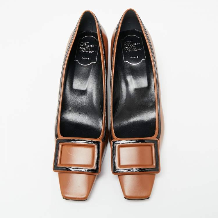 مملوكة مسبقًا Roger Vivier Brown Leather Buckle Block Heel Pumps Size 39
