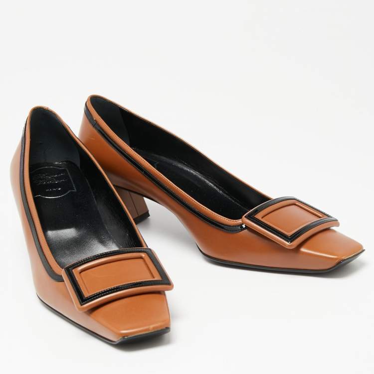 مملوكة مسبقًا Roger Vivier Brown Leather Buckle Block Heel Pumps Size 39