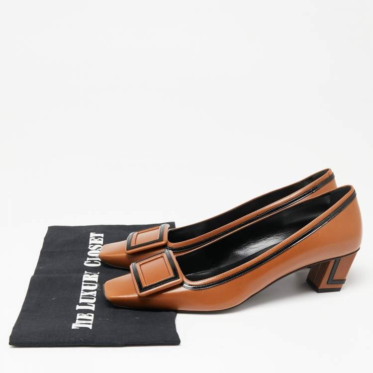 مملوكة مسبقًا Roger Vivier Brown Leather Buckle Block Heel Pumps Size 39