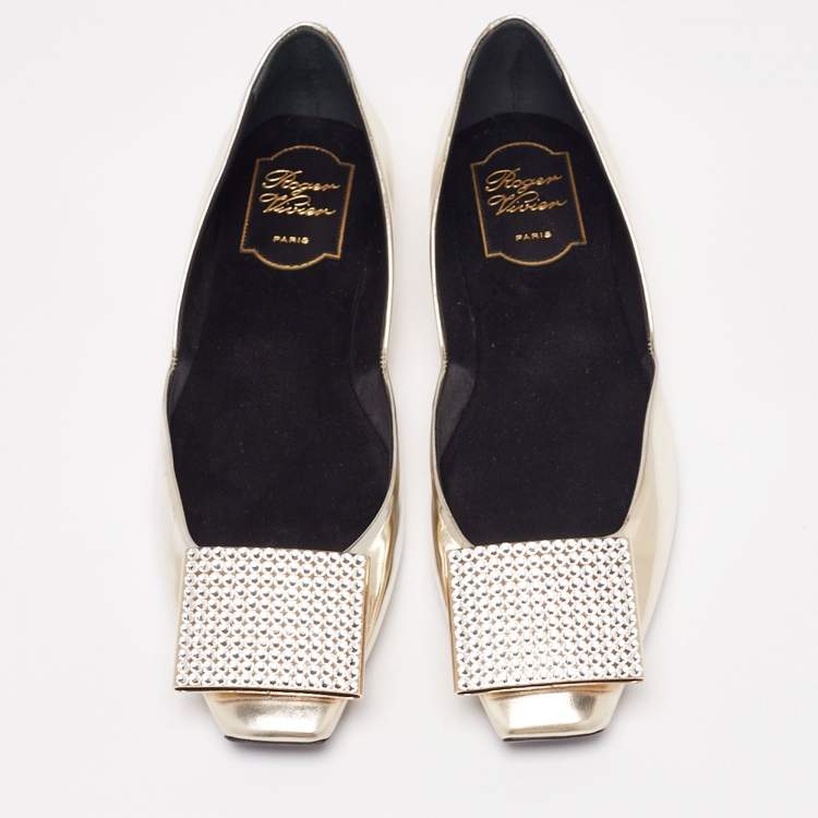 Pre Owned Roger Vivier Gold Leather Crystal Embellishment Ballet Flats Size 37