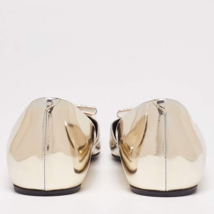 Pre Owned Roger Vivier Gold Leather Crystal Embellishment Ballet Flats Size 37