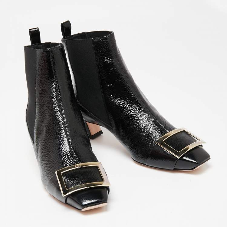 Pre Owned Roger Vivier Black Patent Leather Trompette Chelsea Ankle Boots Size 39