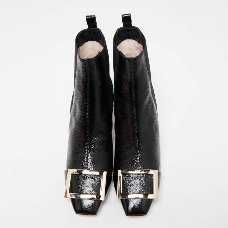 Pre Owned Roger Vivier Black Patent Leather Trompette Chelsea Ankle Boots Size 39