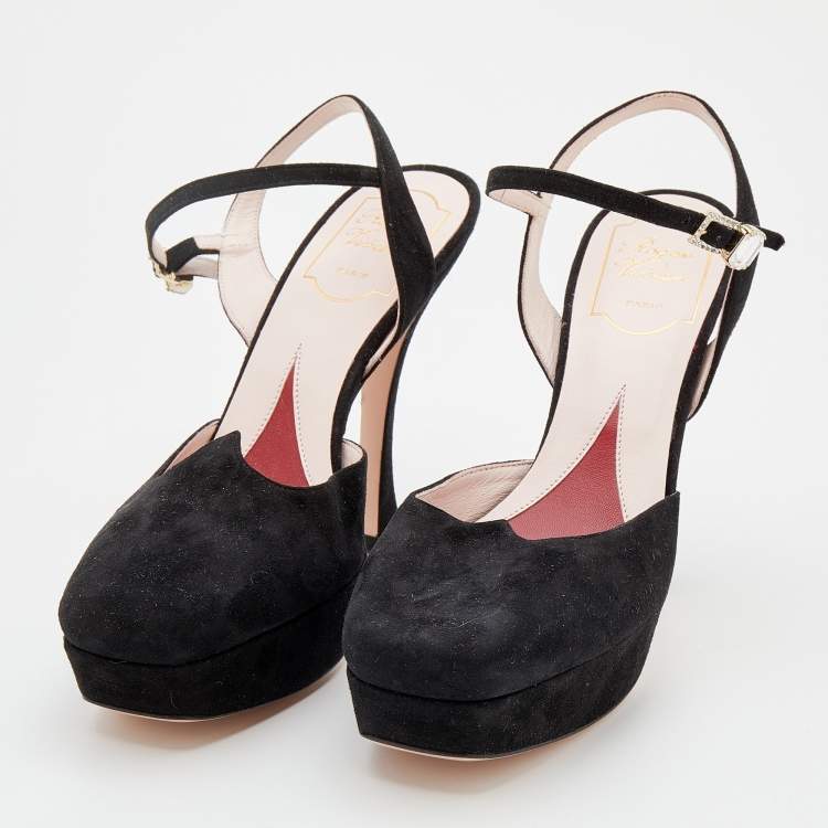 Pre Owned Roger Vivier Black Suede Ankle Strap Platform Sandals Size 38