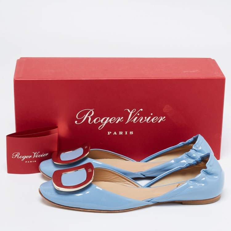 Pre Owned Roger Vivier Blue Patent Leather Chips D'Orsay Buckle Ballet Flats Size 37.5