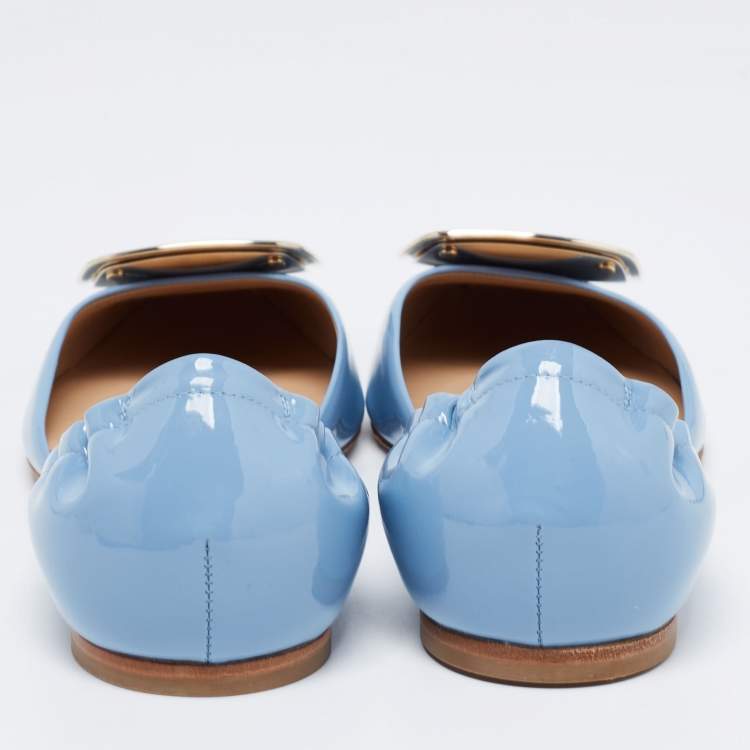 Pre Owned Roger Vivier Blue Patent Leather Chips D'Orsay Buckle Ballet Flats Size 37.5