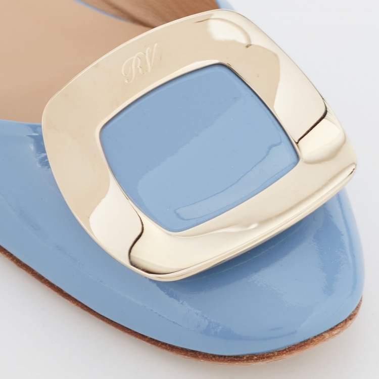 Pre Owned Roger Vivier Blue Patent Leather Chips D'Orsay Buckle Ballet Flats Size 37.5