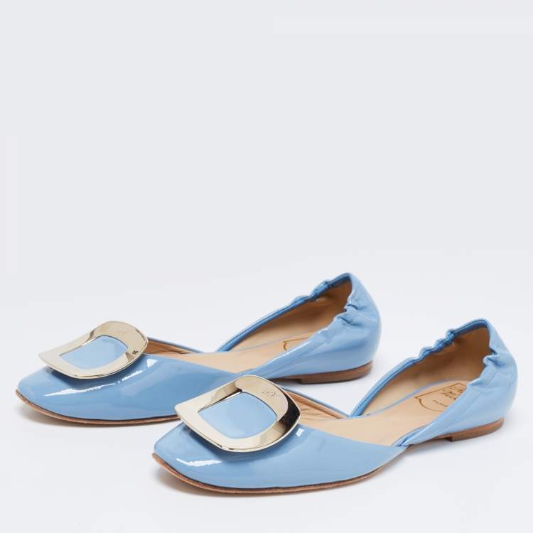 Pre Owned Roger Vivier Blue Patent Leather Chips D'Orsay Buckle Ballet Flats Size 37.5