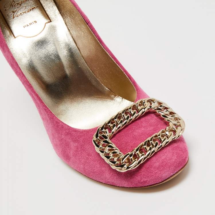 Pre Owned Roger Vivier Pink Suede Chain Detail Round Toe Pumps Size 39