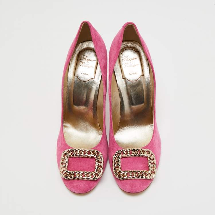 Pre Owned Roger Vivier Pink Suede Chain Detail Round Toe Pumps Size 39