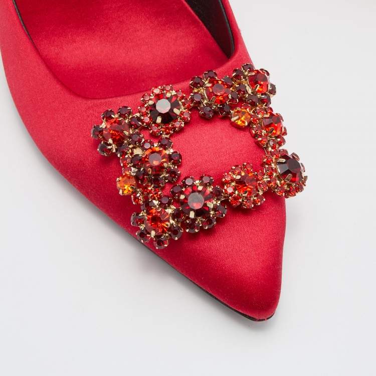 Pre Owned Roger Vivier Red Satin Crystal Embellished Flower Strass Buckle Pumps Size 39