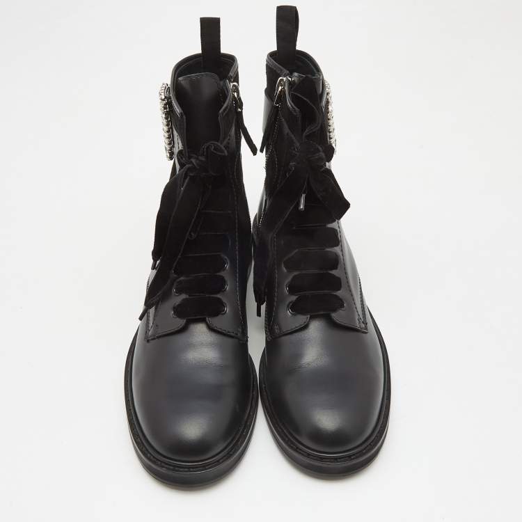 Pre Owned Roger Vivier Black Leather and Suede Viv Rangers Strass Buckle Combat Boots Size 42