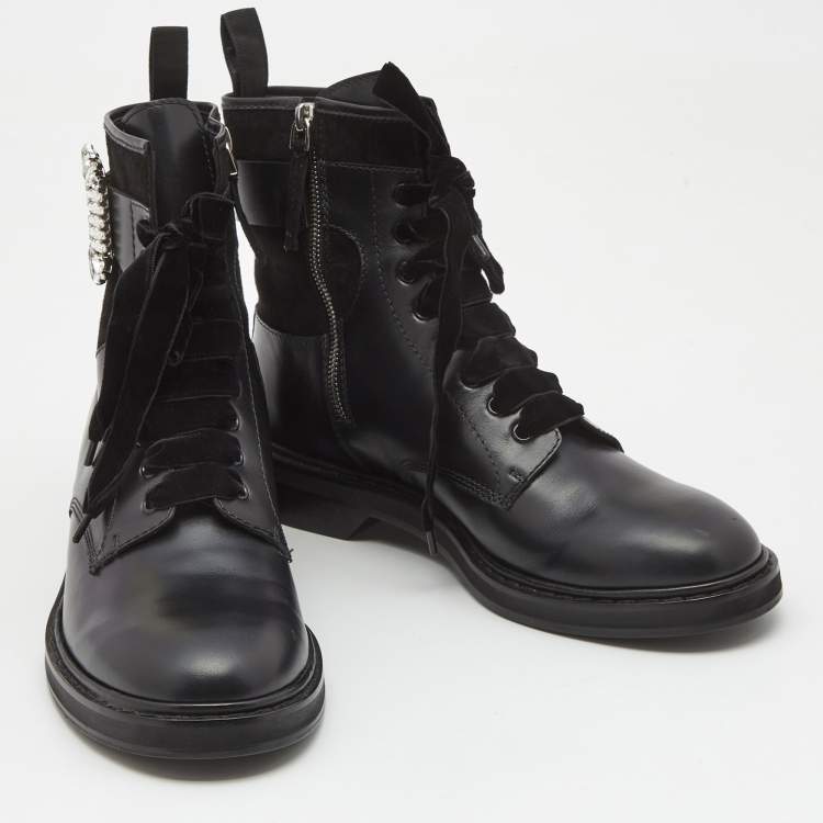 Pre Owned Roger Vivier Black Leather and Suede Viv Rangers Strass Buckle Combat Boots Size 42