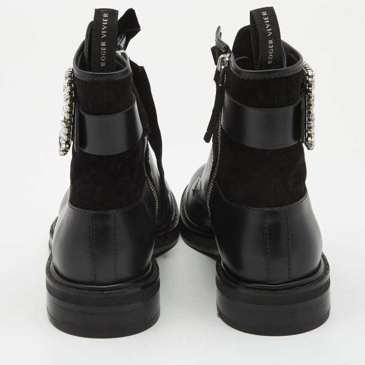 Pre Owned Roger Vivier Black Leather and Suede Viv Rangers Strass Buckle Combat Boots Size 42