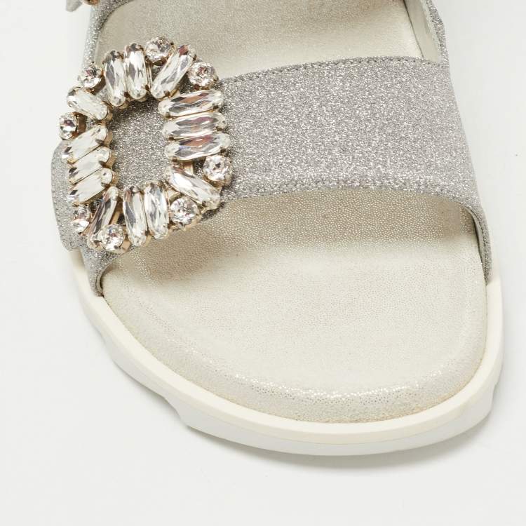 Pre Owned Roger Vivier Silver Glitter Slidy Viv Slides Size 36