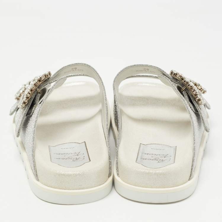 Pre Owned Roger Vivier Silver Glitter Slidy Viv Slides Size 36