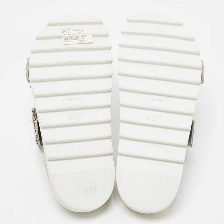 Pre Owned Roger Vivier Silver Glitter Slidy Viv Slides Size 36