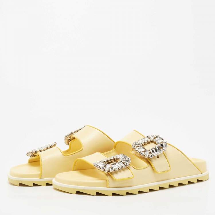 Pre Owned Roger Vivier Yellow Leather Slidy Viv Slides Size 36