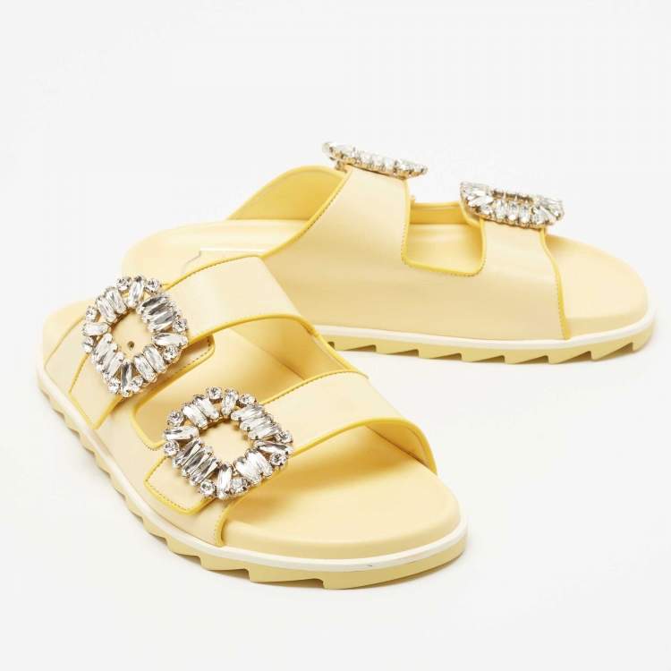 Pre Owned Roger Vivier Yellow Leather Slidy Viv Slides Size 36