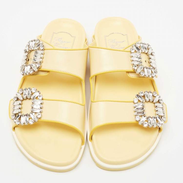 Pre Owned Roger Vivier Yellow Leather Slidy Viv Slides Size 36