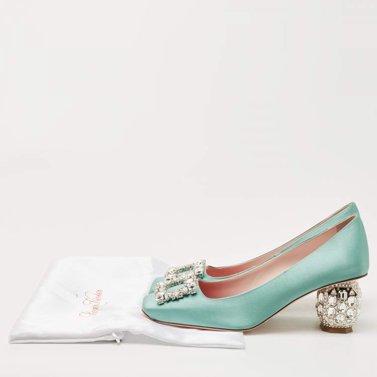Pre Owned Roger Vivier Green Satin and Crystal Embellished Square Toe Pumps Size 38