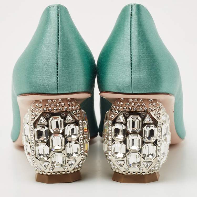 Pre Owned Roger Vivier Green Satin and Crystal Embellished Square Toe Pumps Size 38