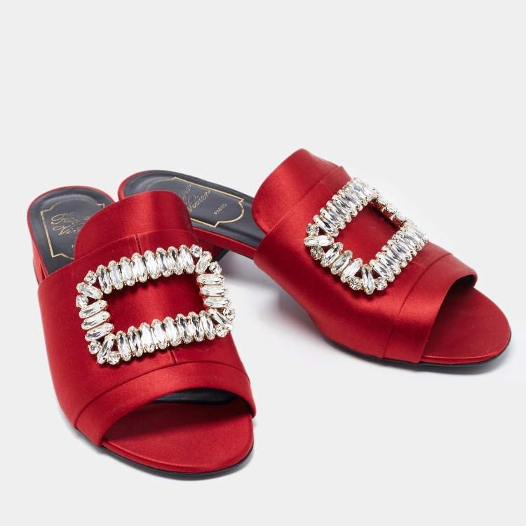 Pre Owned Roger Vivier Red Satin Crystal Embellished Slide Size 36