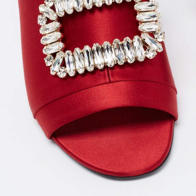 Pre Owned Roger Vivier Red Satin Crystal Embellished Slide Size 36