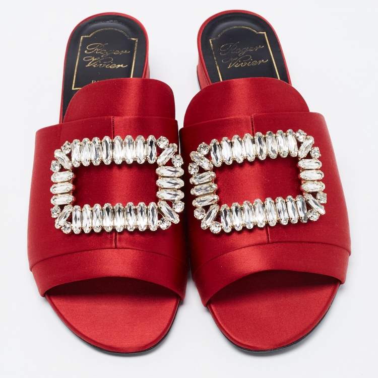 Pre Owned Roger Vivier Red Satin Crystal Embellished Slide Size 36