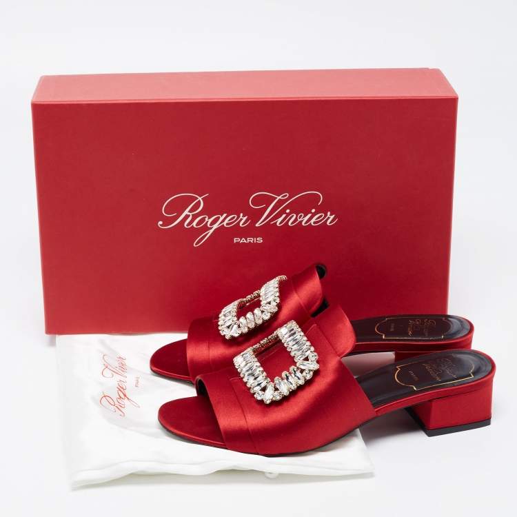 Pre Owned Roger Vivier Red Satin Crystal Embellished Slide Size 36