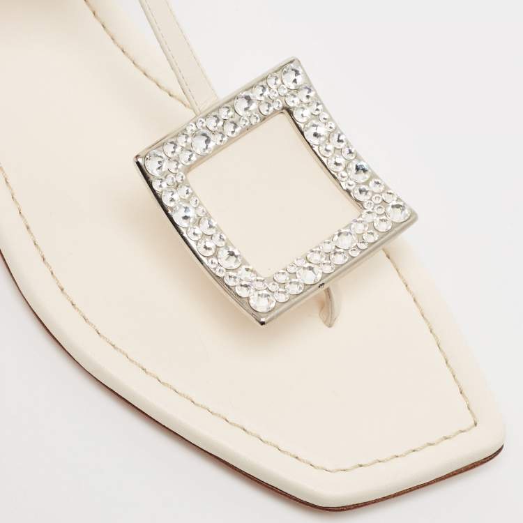Pre Owned Roger Vivier Off White Leather Crystal Embellished Flat Thong Sandals Size 39