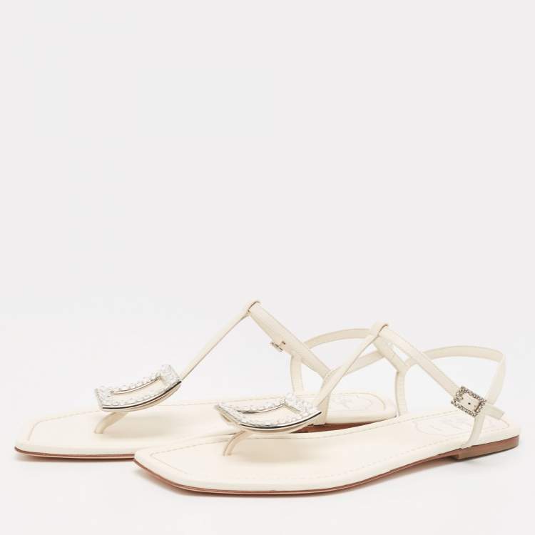 Pre Owned Roger Vivier Off White Leather Crystal Embellished Flat Thong Sandals Size 39