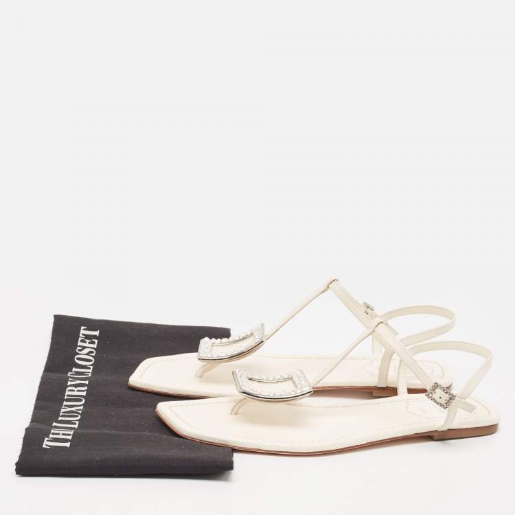 Pre Owned Roger Vivier Off White Leather Crystal Embellished Flat Thong Sandals Size 39