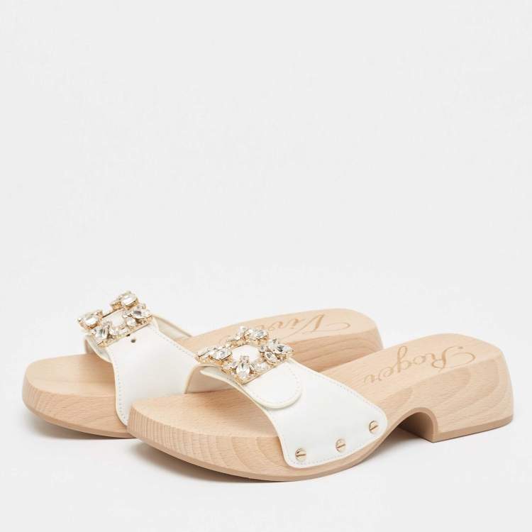 Pre Owned Roger Vivier White Leather Slides Size 36