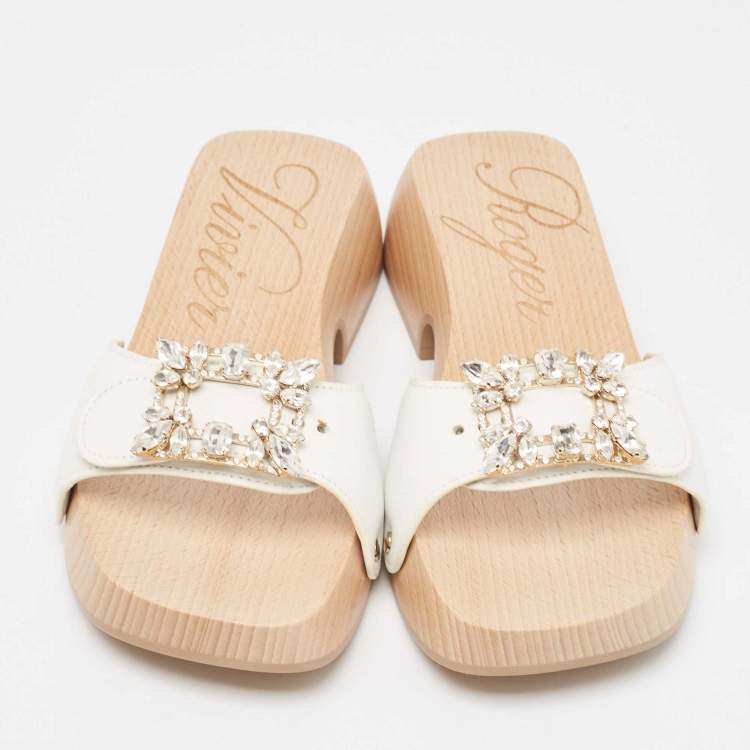 Pre Owned Roger Vivier White Leather Slides Size 36