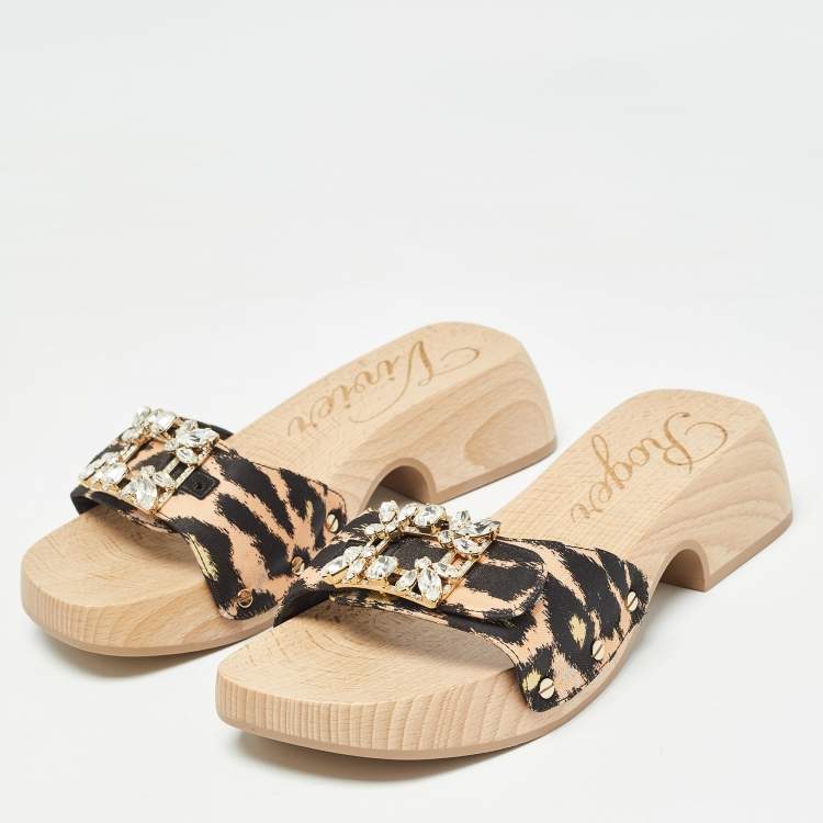 Pre Owned Roger Vivier Black/Brown Canvas Crystal Embellished Clogs Size 36