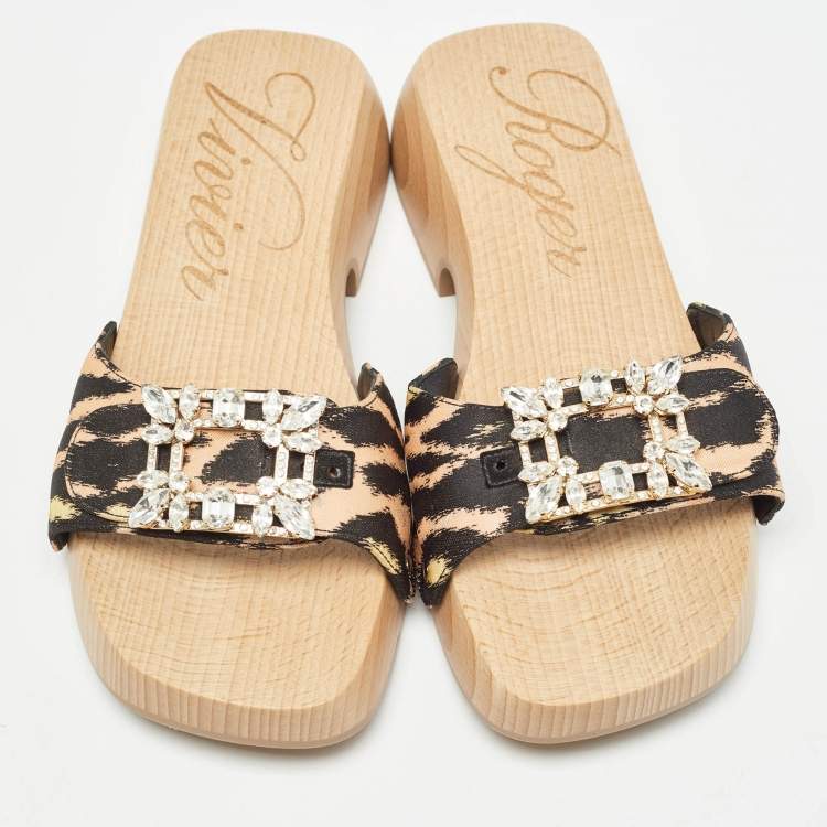 Pre Owned Roger Vivier Black/Brown Canvas Crystal Embellished Clogs Size 36