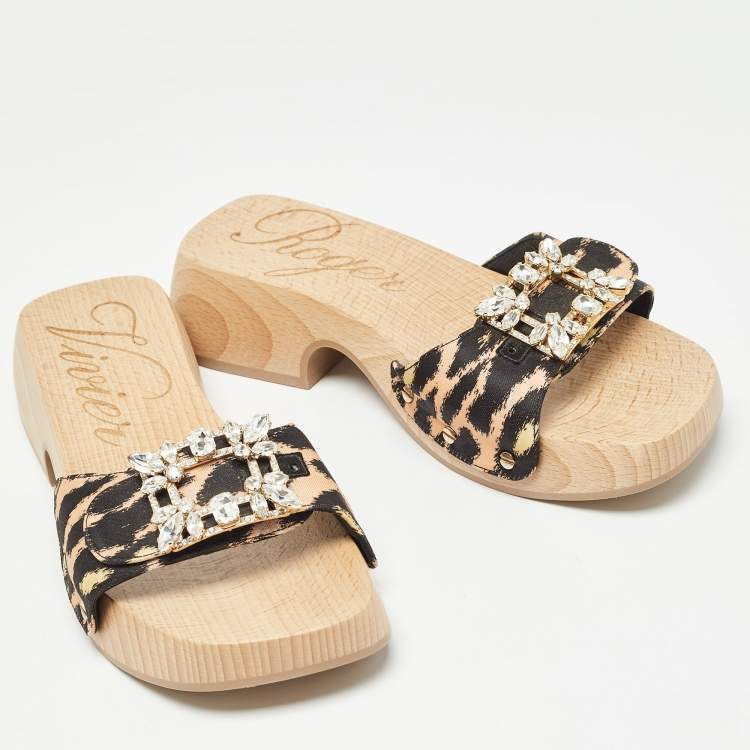 Pre Owned Roger Vivier Black/Brown Canvas Crystal Embellished Clogs Size 36