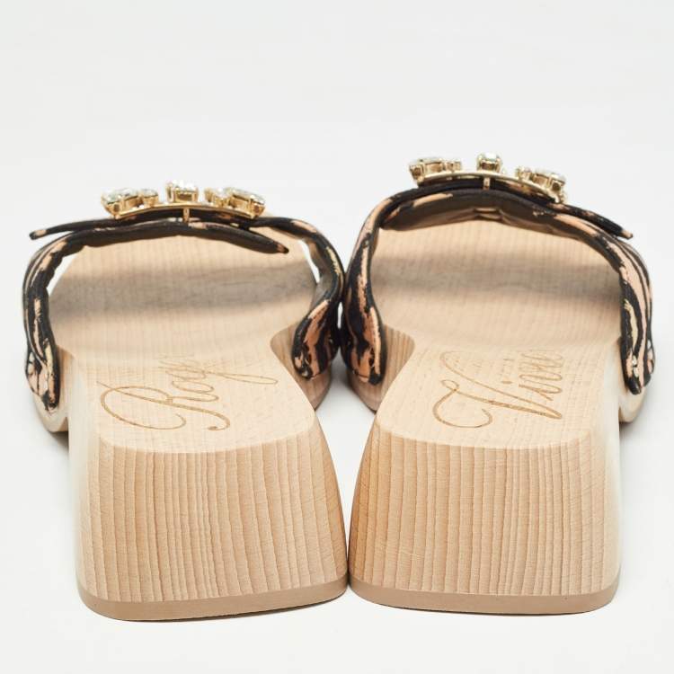 Pre Owned Roger Vivier Black/Brown Canvas Crystal Embellished Clogs Size 36