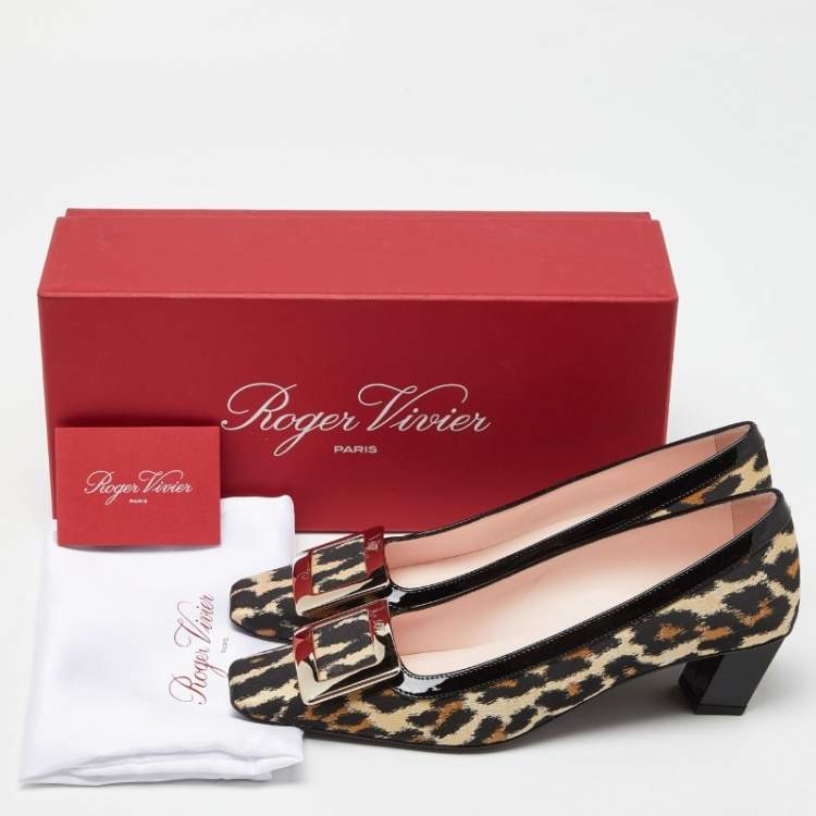 Pre Owned Roger Vivier Brown/Black Leopard Print Canvas and Patent Leather Belle Vivier Pumps Size 38
