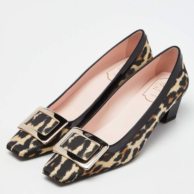 Pre Owned Roger Vivier Brown/Black Leopard Print Canvas and Patent Leather Belle Vivier Pumps Size 38