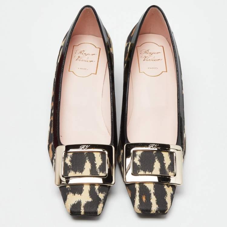 Pre Owned Roger Vivier Brown/Black Leopard Print Canvas and Patent Leather Belle Vivier Pumps Size 38
