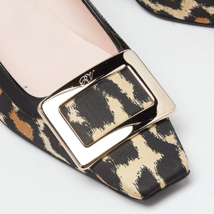 Pre Owned Roger Vivier Brown/Black Leopard Print Canvas and Patent Leather Belle Vivier Pumps Size 38