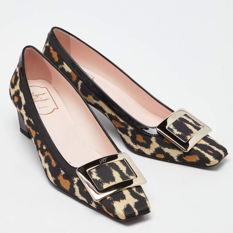 Pre Owned Roger Vivier Brown/Black Leopard Print Canvas and Patent Leather Belle Vivier Pumps Size 38