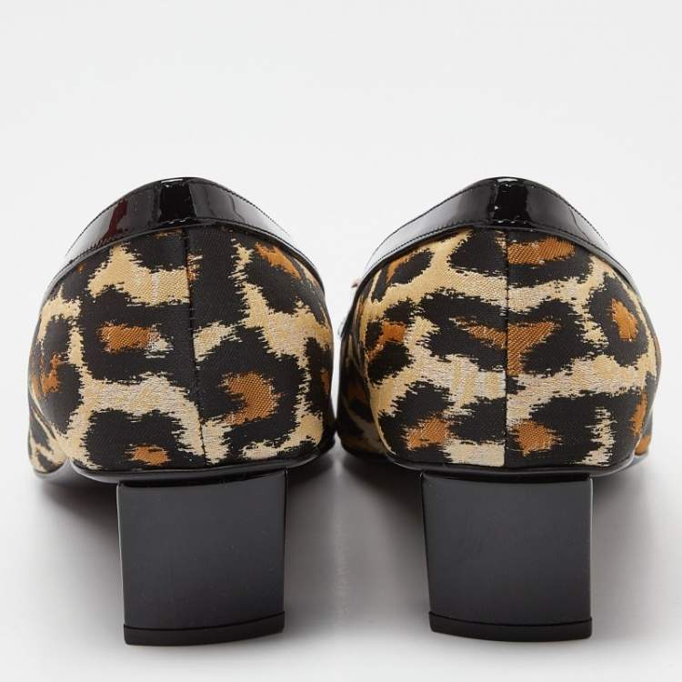 Pre Owned Roger Vivier Brown/Black Leopard Print Canvas and Patent Leather Belle Vivier Pumps Size 38