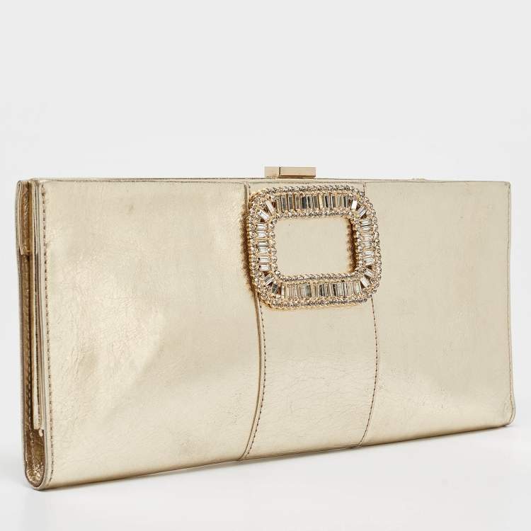 Pre Owned Roger Vivier Gold Leather Crystals Embellished Pilgrim Clutch
