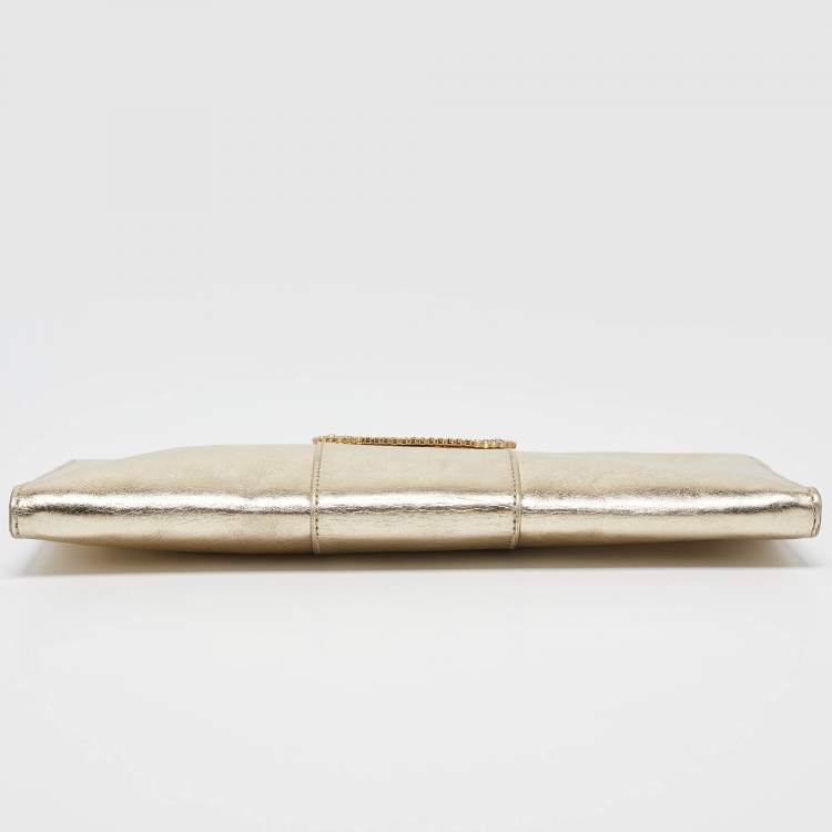 Pre Owned Roger Vivier Gold Leather Crystals Embellished Pilgrim Clutch