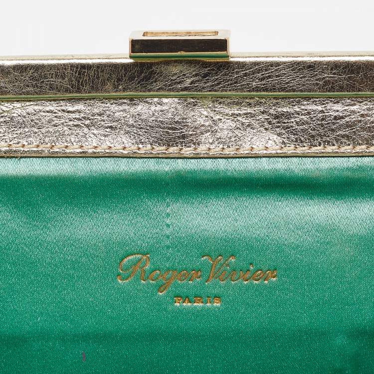 Pre Owned Roger Vivier Gold Leather Crystals Embellished Pilgrim Clutch