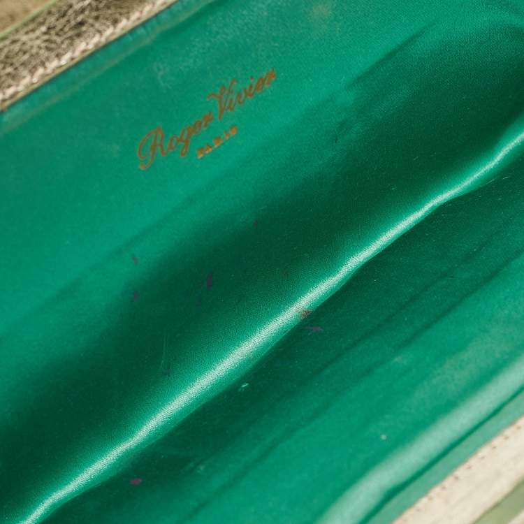Pre Owned Roger Vivier Gold Leather Crystals Embellished Pilgrim Clutch