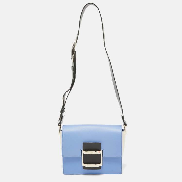 Pre Owned Roger Vivier Blue/White Leather Flap Shoulder Bag